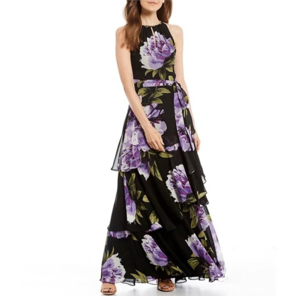 Alex Marie Black Purple Floral Tiered Formal Gown Size 2 - Picture 1 of 5